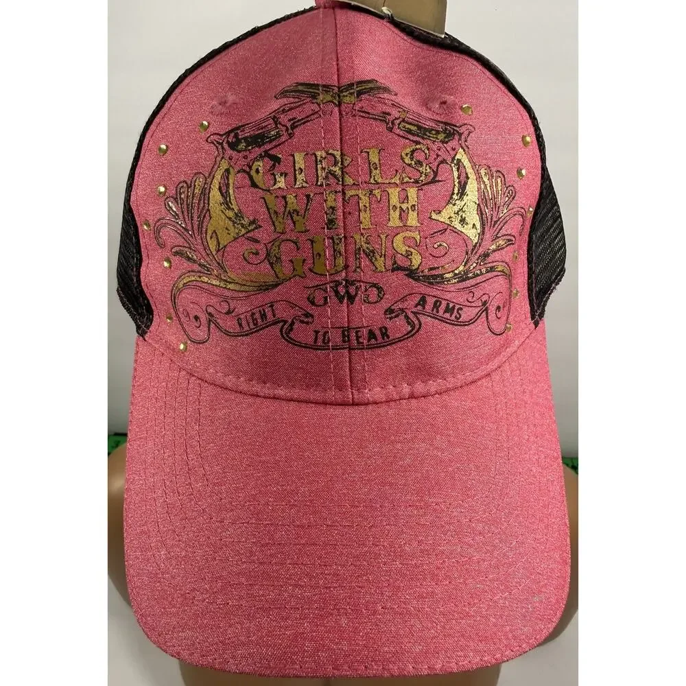 Outdoor Cap Girls With Guns Crossing Pistols Trucker Hat Pink Black Gold Sparkle